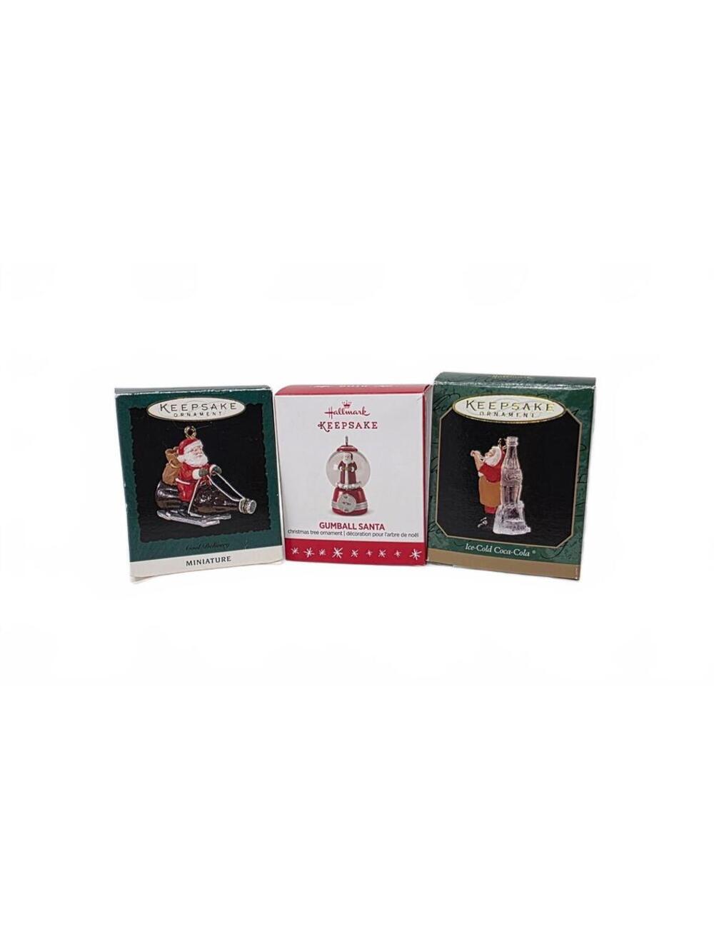 Lot of 3 Hallmark Miniature Santa Ornaments Coca-Cola Gumball Boxed